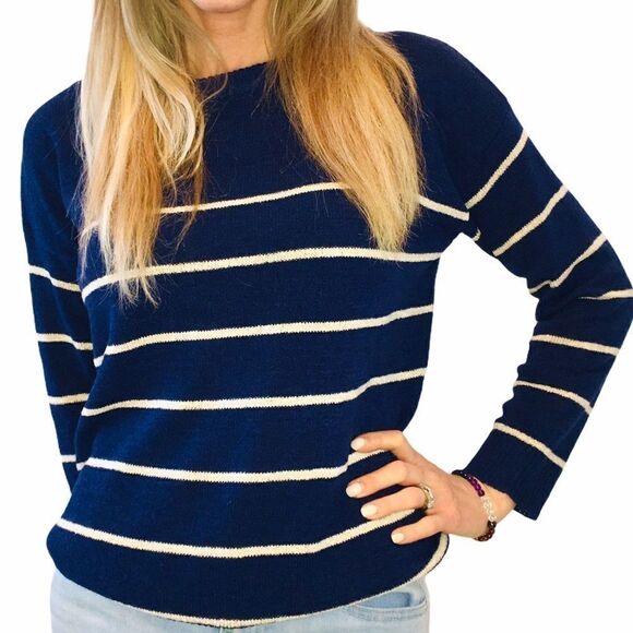 NWT THEKORNER Navy & Tan Stripe TightKnit Sweater - Picture 7 of 7